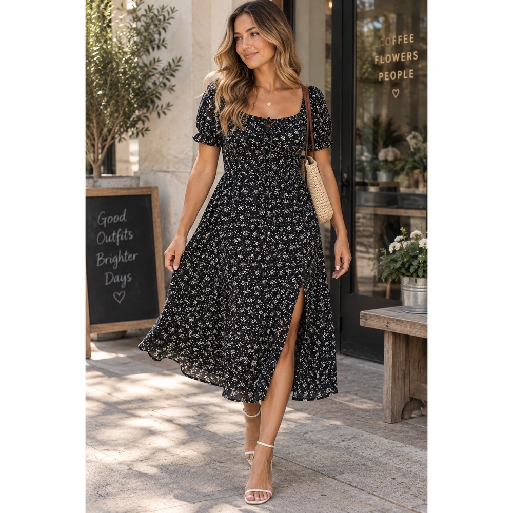 Hollister Dress Womens Small Black Floral Midi Cottagecore Boho
